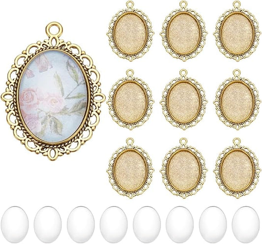 PH PandaHall 60pcs Gold Pendant Trays Kit, 30pcs Oval Blank Bezel Pendant Trays Base, 30pcs 25x18mm Glass Cabochon Dome Tiles for Bridal Wedding Bouquet Graduation Photo Charm Making DIY