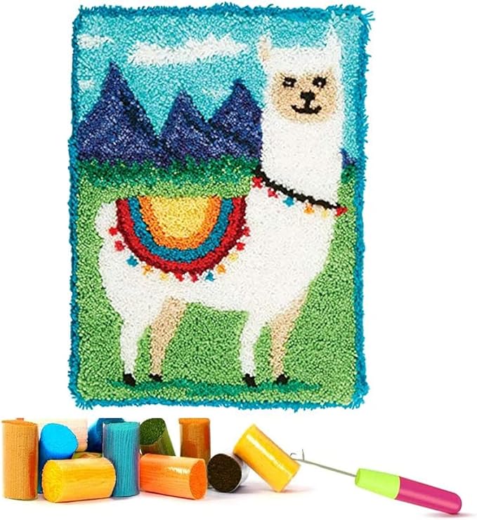EMISTEM Latch Hook Kits for Adults - DIY Latch Hook Rug Kits, Crochet Kit for Beginners, Rug Making Kits with Printed Canvas, Gift Packaging. (White Alpaca on The Grassland, 20x15 inch)