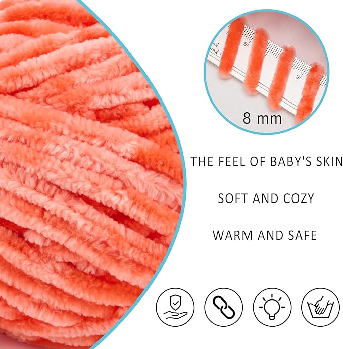 Velvet Yarn Chenille Yarn for Crocheting and Knitting Soft Chenille Bulky Baby Blanket Yarn DIY Weaving Craft 8pack Dark Orange(4oz 66yds Each)