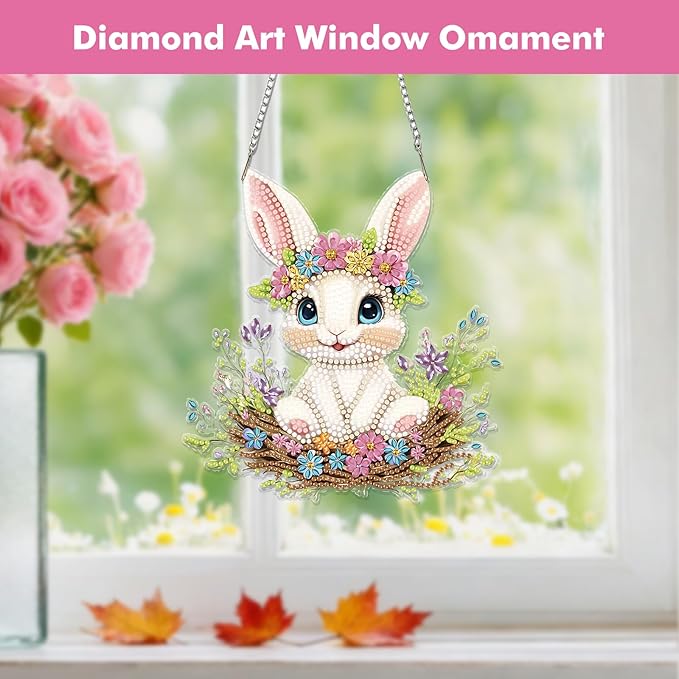 Miwixy Easter Hanging Diamond Art Kits for Adults,Rabbit Special Shaped Crystal Christmas Diamond Painting Ornament Kit DIY Double-Sided Pattern Window Pendant Gem Art Kit for Home Wall Decor