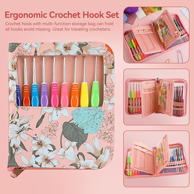 Dasonwin 60-Piece Ergonomic Crochet Hooks Set with Travel Case - Aluminum Crochet Needles Kit for Beginners & Experts, Arthritis-Friendly Design, Includes Stitch Markers & Accessories (Pink)