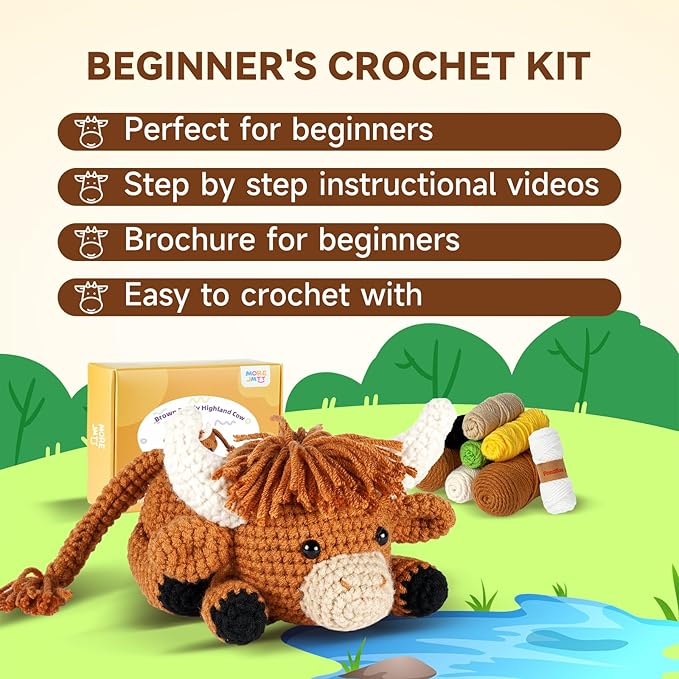MOREJMTT Crochet kit for Beginners Adults, Learn to Crochet, Include Easy Knitting Soft Yarn, Step-by-Step Video Tutorial, Hook, Holiday Birthday Gift (Highland Cow)