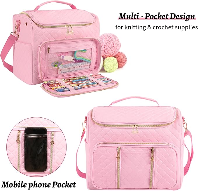 Knitting Bag- Crochet Bags for on The go,Yarn Storage Organizer, Perfect for Knitting and Crochet Accessories(Pink)