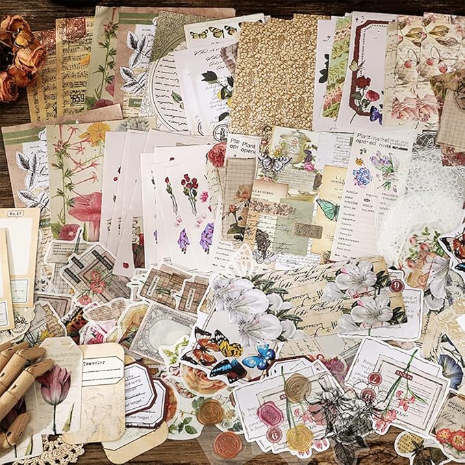 260 Pieces Vintage Scrapbook Supplies Pack, Decorative Paper Stickers Collection for Journal Arts Crafts Album Journals Planners (Flowers)