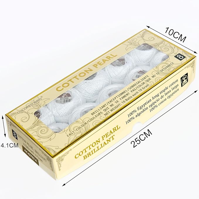 Double Mercerized Egyptian Long Staple Cotton Pearl Thread Ball 10 Grams Rainbow Color Embroidery Thread 10 Balls per Box for Crochet Hardanger Cross Stitch Hand Embroidery,White