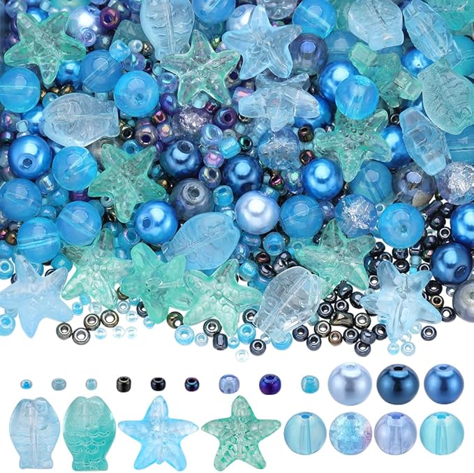 SUNNYCLUE 1 Box 540pcs Glass Ocean Beads Kit Mini Glass Seed Beads Sea Animal Summer Hawaii Sea Starfish Fish Spacers for Jewelry Making Beading Kits DIY Bracelets Necklace Supplies