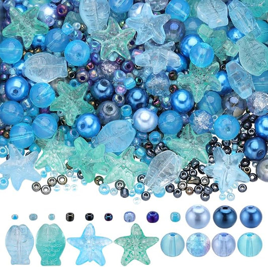 SUNNYCLUE 1 Box 540pcs Glass Ocean Beads Kit Mini Glass Seed Beads Sea Animal Summer Hawaii Sea Starfish Fish Spacers for Jewelry Making Beading Kits DIY Bracelets Necklace Supplies