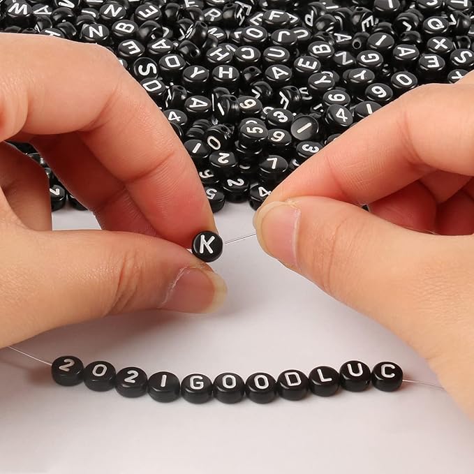 Yochus 1000pcs Black Mixed Round Acrylic Letter Beads 4x7mm White Alphabet Number Beads for Jewelry Making and DIY Bracelets