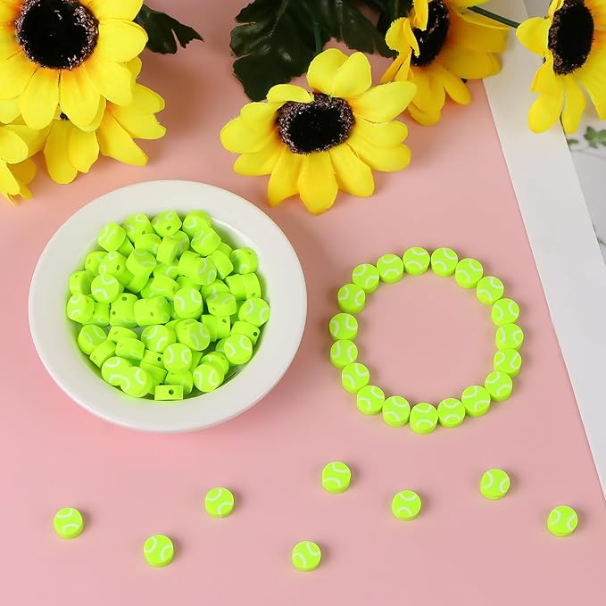 EVERMARKET 100pcs Tennis Ball Beads Polymer Clay Tennis Ball Beads Charms Spacer DIY Sports Bead for Necklace Bracelet Handmade Jewelry Making Accessories Supplies