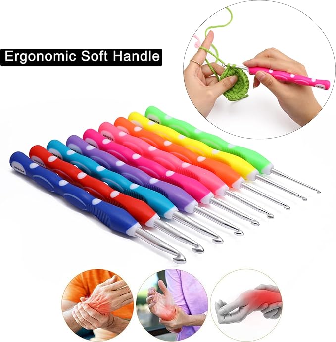 Looen Crochet Hooks Set-Yarn Needles Coloured Aluminum with Storage Case Rubbery Handle Ergonomic Comfort Grip DIY Craft Handmake Kit 64pcs