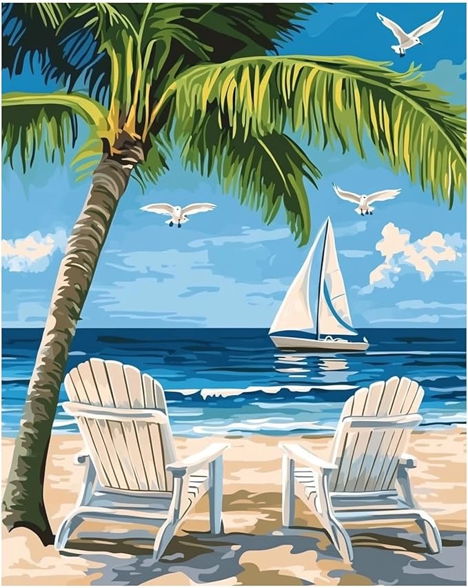 xcemhil Beach Paint by Numbers Kit for Adults, Paint by Number Palm Tree, Seaside Paint by Numbers Kit for Adults Beginner for Gift and Home Wall Decor 16x20 Inch