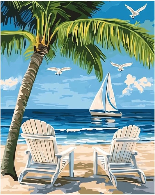 xcemhil Beach Paint by Numbers Kit for Adults, Paint by Number Palm Tree, Seaside Paint by Numbers Kit for Adults Beginner for Gift and Home Wall Decor 16x20 Inch