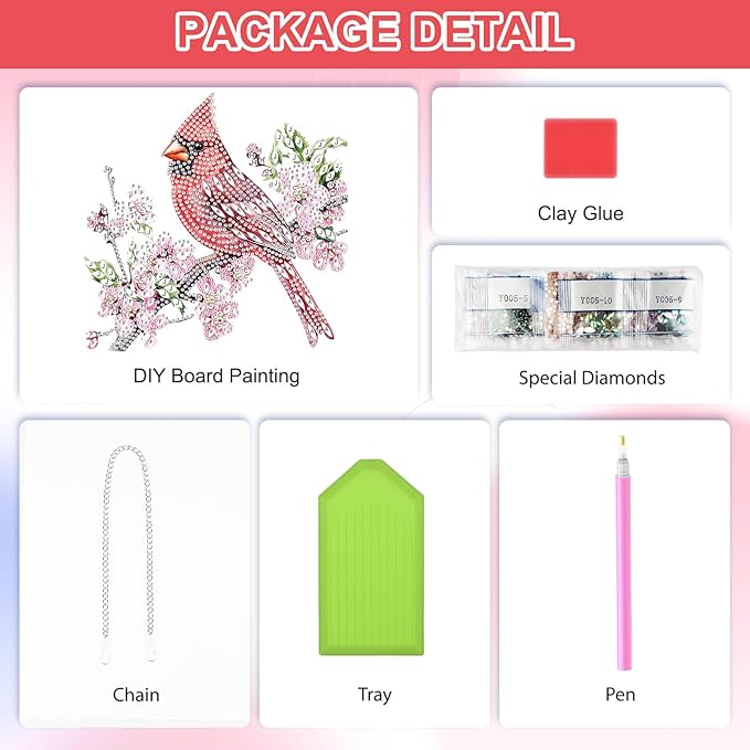 QENSPE Red Finches Diamond Art Hanging Kits for Adults, 5D Special Shape Diamond Paingting Ornaments with Chain, DIY Pink Flowers Crystal Window Pendants for Home Wall Decor Double Sided 8X8 inch