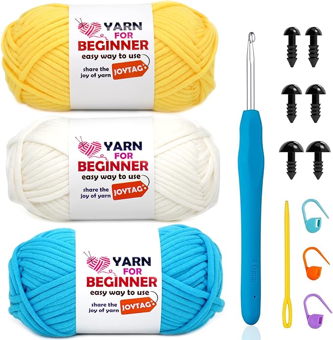 3 Pack Beginners Crochet Yarn Yellow White Blue Cotton Crochet Yarn for Crocheting Knitting Beginners with Easy-to-See Stitches Cotton-Nylon Blend Crochet Yarn for Beginners Crochet Kit(3x50g)