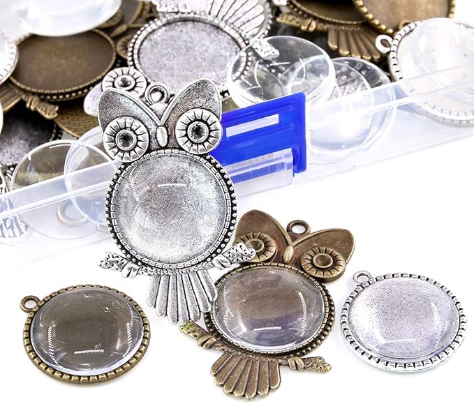 Glarks 48-Pieces Mixed Antique Bronze Silver Owl & Tree Bezel Pendant Tray with Glass Cabochons Charm Cameo Tray for Bracelet Necklace Crafting DIY Jewelry Gift Making