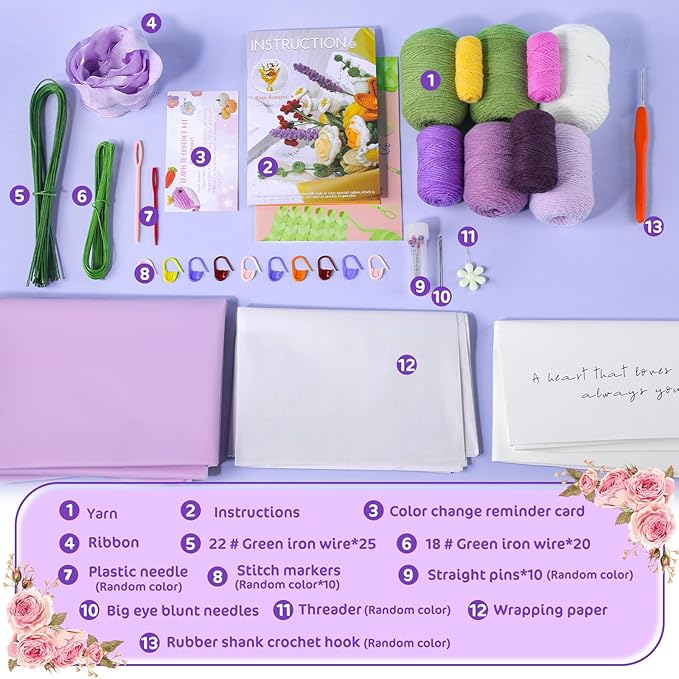 Iuuidu Crochet Kit for Beginners, Flower Bouquet Crochet Kit Rose, Crochet Starter Kit for Beginners with Step-by-Step Video Tutorials for Birthday Anniversary Day Present, Home Decor (Purple)