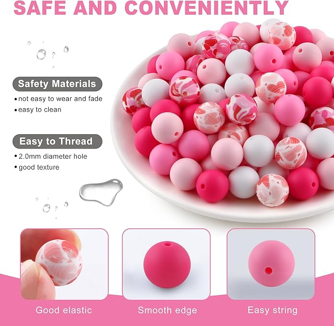 150Pcs Mixed Color 15mm Silicone Beads for Keychain Making, White Pink Print Silicone Beads for Pens and Bracelet Jewelry Making