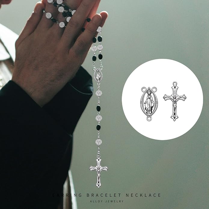 30Pcs/15Sets Alloy Rosary Kits Cross and Center Medal Charms Oval Catholic Jesus Maria Links Pendant for Diy Jewelry Making Supplies