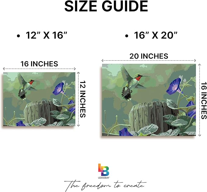 Ledgebay DIY Paint by Numbers Kit for Adults Framed Canvas Beginner to Advanced Paint by Numbers Kit, Kits Include Acrylic Paint Set, Brushes & Tabletop Easel (Hummingbird 12" x 16" Framed)