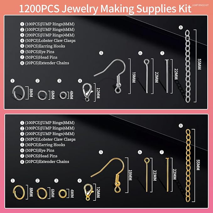 LEOBRO 1200PCS Jewelry Making Supplies, Jewelry Findings, with Jump Rings for Jewelry Making, Earring Hooks Earring Findings, Lobster Claw Clasps and Necklace Extenders