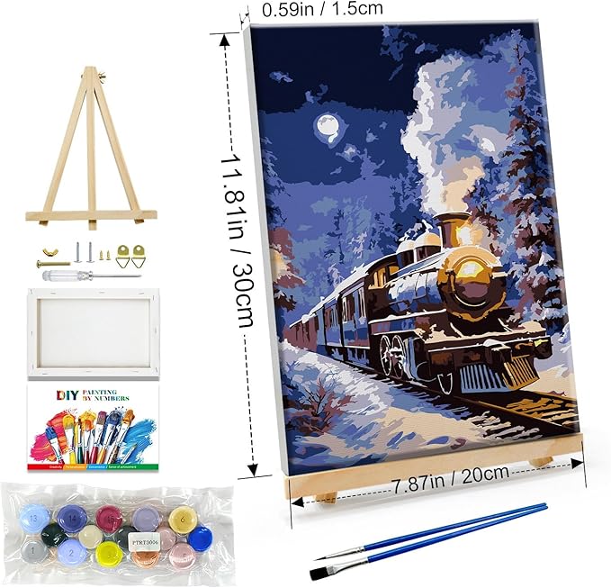 JOOZ Christmas Paint by Numbers Kit for Adults with Frame Train Paint by Number with Easel Christmas Tree Adult Paint by Number Kits Framed DIY Moon Oil Painting Kits for Home Wall Decor 8x12 Inch