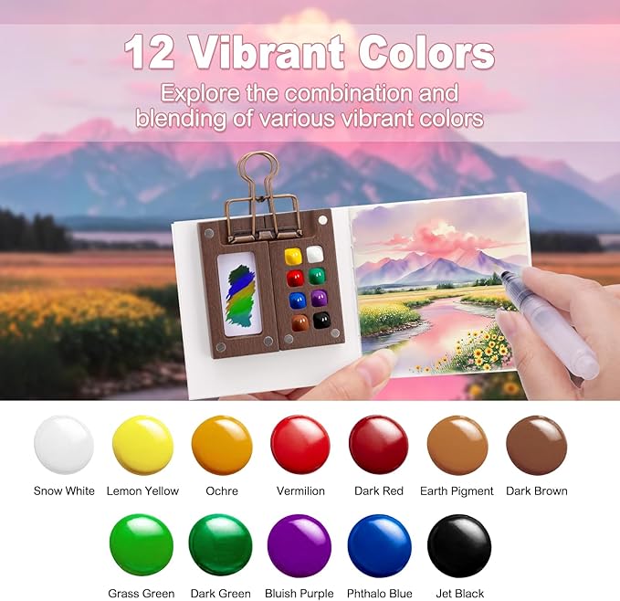 Mini Watercolor Paint Set, Mini Paint Palette Travel Kit, Pocket Artist Watercolor Travel Set Colors, Sketchbook, Brush, Metal Clip, for Beginners, Artists, Enthusiasts (8 Grids, 12 Colors)
