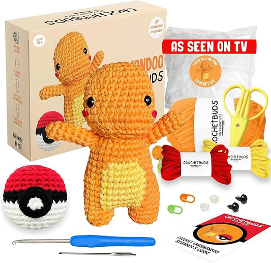 Charmandoo Crochet Kit | Intermediate Level | Great for Couples, Date Night, Teens, Adults, & Anime Lovers | DIY Gift Kit w/Ball | Instructions, Yarn, Hook, Video & Written Tutorial [Ages 15+]