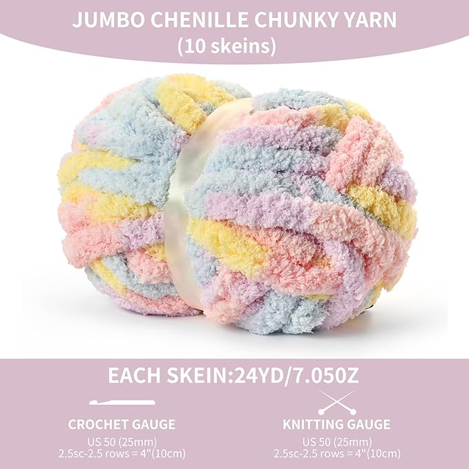 10 Pack Jumbo Chunky Yarn for Hand Knitting, Fluffy Variegated Chunky Chenille Yarn for Crocheting, 240yds/70.5oz Super Bulky Soft Crochet Baby Blanket Yarn(Macaron)