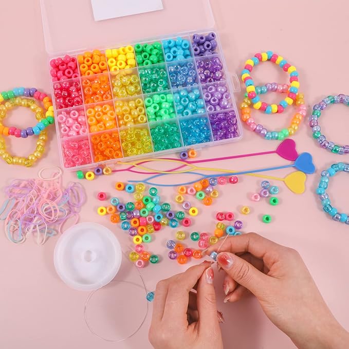 Kandi Beads Bracelet Making Kit, 720pcs Rainbow Pony Beads for Jewelry Making DIY Crafts for Women, Hair Bead for Braids with 3 Hair Beaders Rubber Bands
