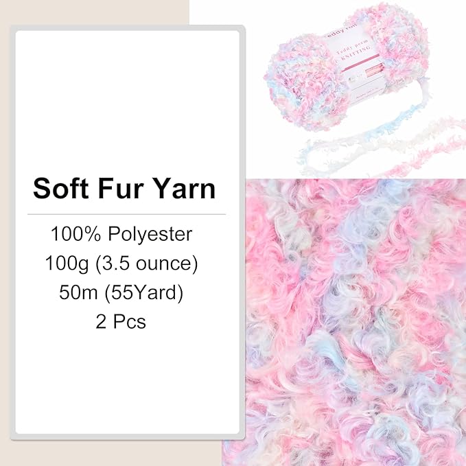 MECCANIXITY 2 Skeins Fur Yarn Soft Fluffy Chunky Yarn Fuzzy Eyelash Yarn Colorful for Crocheting Knit Clothes Bag - 55Yard/50m, 3.35ozx2