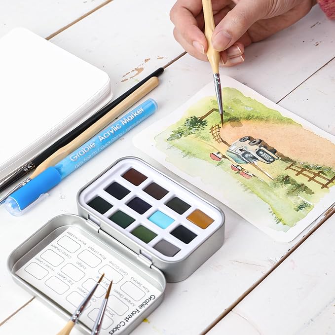 Grabie Pocket Watercolor Set of 12, Travel Watercolor Paint Set, Watercolor Paints, Art Supplies for Painting, Great Watercolor Set for Artists, Amateur Hobbyists and Painting (Forest)