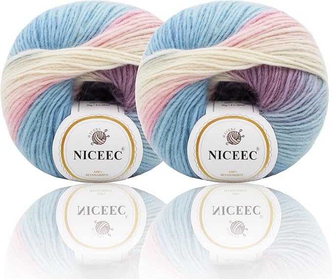 NICEEC 2 Skeins Rainbow Soft Yarn 100% Wool Gradient Multi Color Yarn for Crocheting Knit Total Length 180m×2(196yds×2,50g×2)-21#