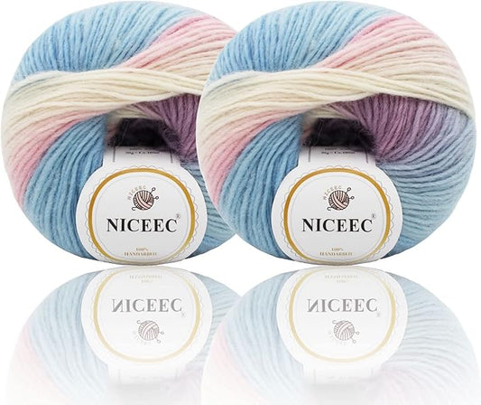 NICEEC 2 Skeins Rainbow Soft Yarn 100% Wool Gradient Multi Color Yarn for Crocheting Knit Total Length 180m×2(196yds×2,50g×2)-21#