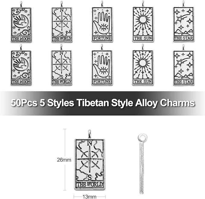 DanLingJewelry 50Pcs 5 Styles Tibetan Tarot Cards Charms Rectangle for Jewelry Making