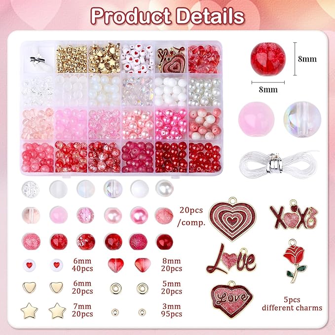 DUQGUHO Valentine's Day Beads for Jewelry Making, 8mm Red Pink White Glass Beads for Bracelet, Heart Beads Gold Bead and Sweet Heart Charms for Bracelet Necklace Crafts DIY 580PCS