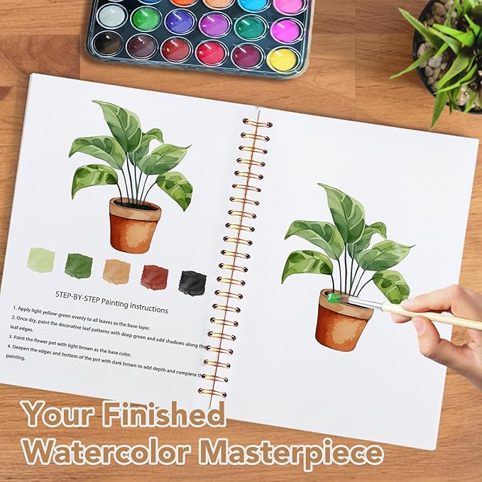 Easy Watercolor Workbook for Beginners - 12 Beautiful Step-by-Step Paintings Water Coloring Book, Includes 18 Colors Paints, Relaxing Art Projects and Creative Gift for Adults & Teen (Plants)