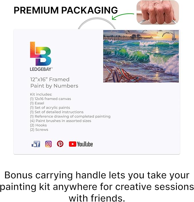 Ledgebay DIY Paint by Numbers Kit for Adults Framed Canvas: Beginner to Advanced Paint by Numbers Kit, Kits Include Acrylic Paint Set Brushes Tabletop Easel (Seaside Escape 12" x 16" Framed)