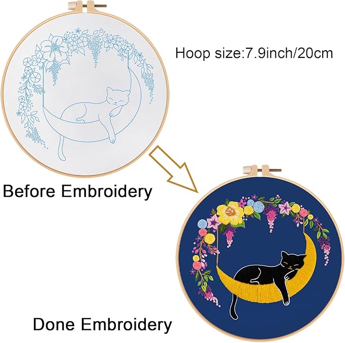Louise Maelys Cat Moon Embroidery kit for Beginners,Cross Stitch Kits for Adult Including Cloth,Hoop, Color Threads,Needles and Instruction