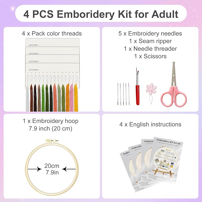 Huacan Embroidery Kit for Adults Beginner - Embroidery Kits for Adults Beginner, Hand Stitching Kit Art Craft, DIY Sewing Kit with Box 7.9 x 7.9 Inch (CXTZ-508)