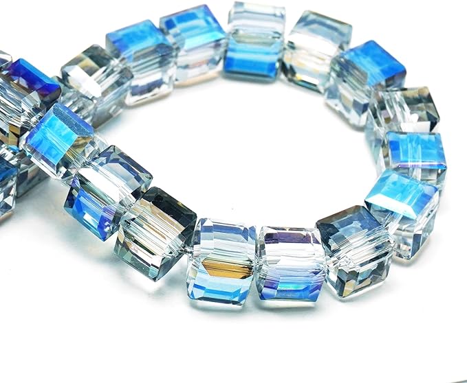 8mm Sparkle Cube Crystal Beads for Jewelry Making - Faceted Spacer Beads for Bracelets(94-100pcs, Translucent Blue)