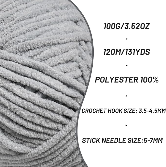 Plush Chenille Chunky Crochet Yarn - Baby Yarn for Crocheting Soft - Velvet Yarns Knitting for Blankets Crafts - Fluffy Amigurumi Yarns 100g / 131yd (Grayish)