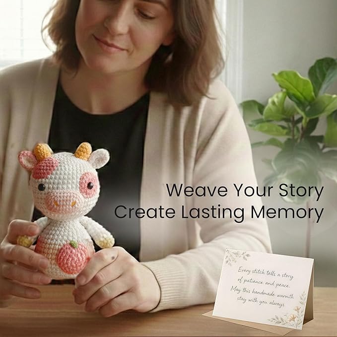 Amigurumi Crochet Kit for Beginners – Strawberry Cow & Strawberry (2PCS) Relaxing DIY Craft Starter Kit For Adults & Teens (14+) - Step-by-Step Video Tutorials, 40% Extra Yarn & Ergonomic Hooks