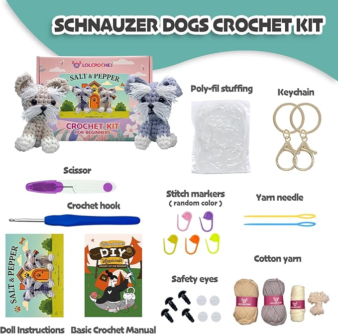 Dog Crochet Kit for Beginners, Learn Crochet Animal Kit, Include Video Tutorial & Manual, Easy Knitting Yarn for Adult, DIY Holiday Birthday Gift Idea(2pack Schnauzer Puppy)
