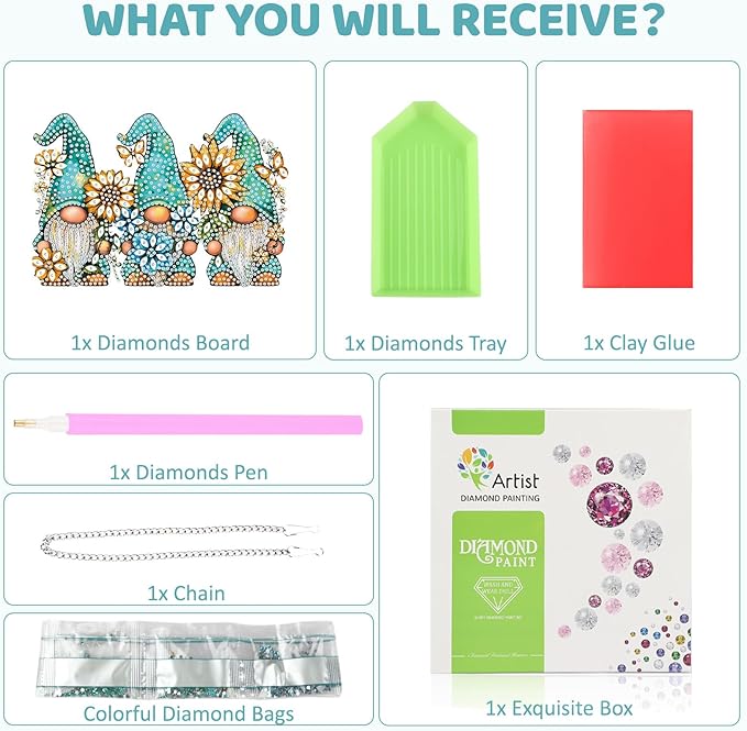 MEIYUDA Gnomes Diamond Art Hanging Kits for Adult, Sunflowers Gnomes Diamond Painting Hanging Kits Ornaments, DIY Special Shaped Rhinestone Window Pendants kit for Home Garden Wall Decor Gift
