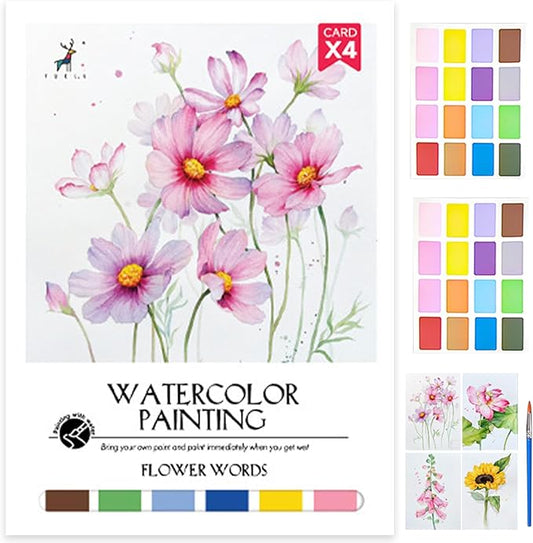 MaiMaiTu 11.5" x 8.5" Watercolor Workbook for Adults, Easy Nature Scenes Paint Coloring Book Paint, Water Coloring Book with 4 Floral Drawings 2 Pigment Card and 1 Brush (Flower Words)