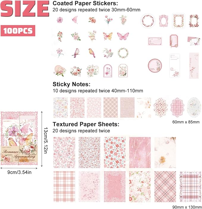 100pcs Vintage Scrapbook Paper Floral Journaling Stickers Assorted Set, Junk Journal Supplies, Scrapbooking Supplies Kit for Retro Crafts Planner Mixed Media Collage Card Album