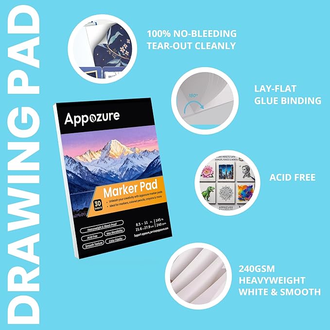240GSM Bleedproof Sketch Pad for Markers, Acid-Free Heavyweight Smooth Drawing Papers, 8.5"×11" Large Paper Size Glue-Bound, 30 Sheets/60 Pages, Ideal for Artists, Kids, Adults, Dry Media, Gifts