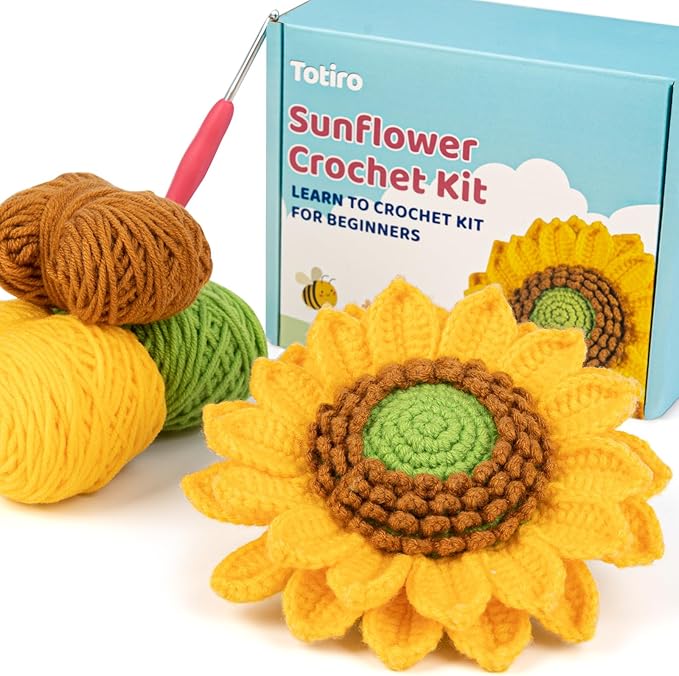 Totiro Crochet Kit for Beginners, Sunflower Amigurumi Starter Kit, Easy DIY Craft Set with Step-by-Step Video Tutorials, Flower Crochet Pattern Learning Kit for Teens Adults Birthday Gift with Lanyard