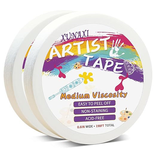 2 Packs Artist Tape Medium Tack White Art Tape for Watercolor Paper Drafting Art Painting Canvas Framing Acid Free Masking Tape- 0.6IN Wide 197FT Long Total