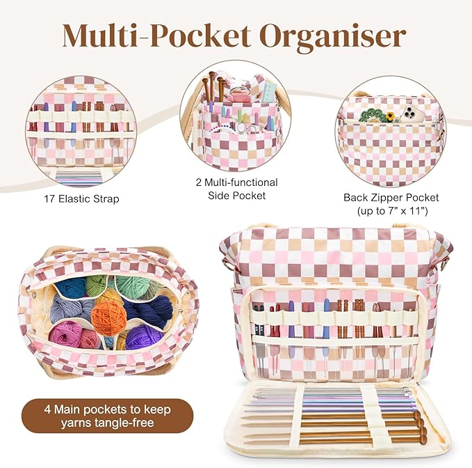 DALINDA Crochet Bag Organizer,Yarn Bag and Tote- Yarn Storage with Multiple Pockets for Crochet Supplies, Knitting Bag for Gifts,Portable & Durable(Brown)